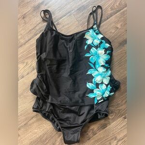 Miraclesuit Women’s Plus Size Black Floral Faux Tankini Swimsuit Size 16W
